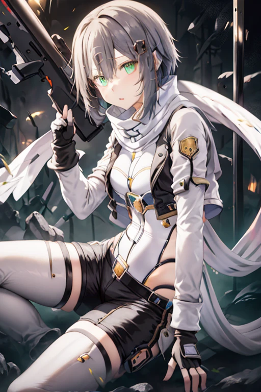 masterpiece, Highest quality, High resolution, 1peopleの少女, Chinon 1, scarf, Fingerless gloves, hair ornaments, Barrette, Thigh straps, Cowboy Shooting, He has a gun, sniper rifle,, Sit on, Curvaceous, Narrow waist, Chubby,, people々Surrounded by、Laughter