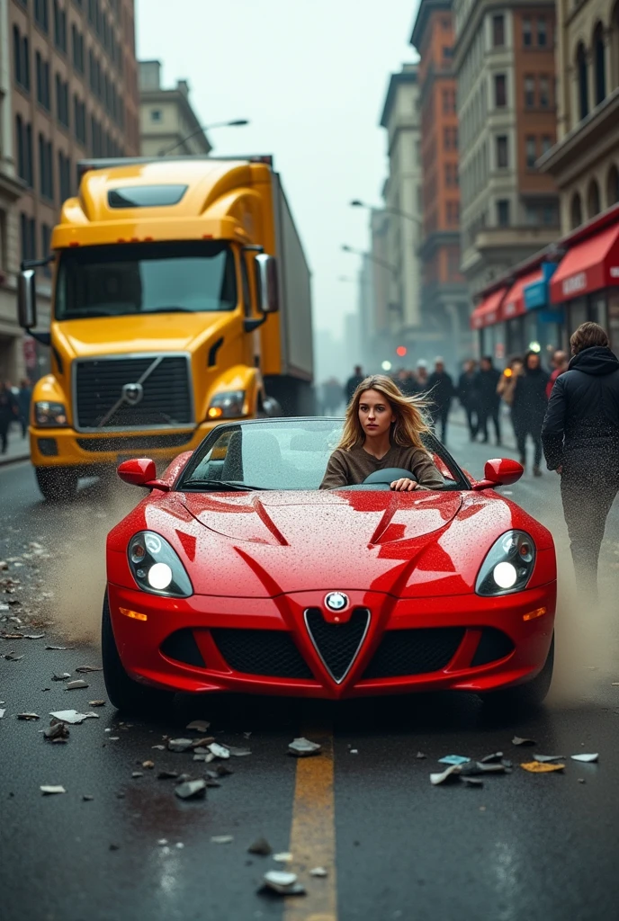 A red car Hit the yellow big truck