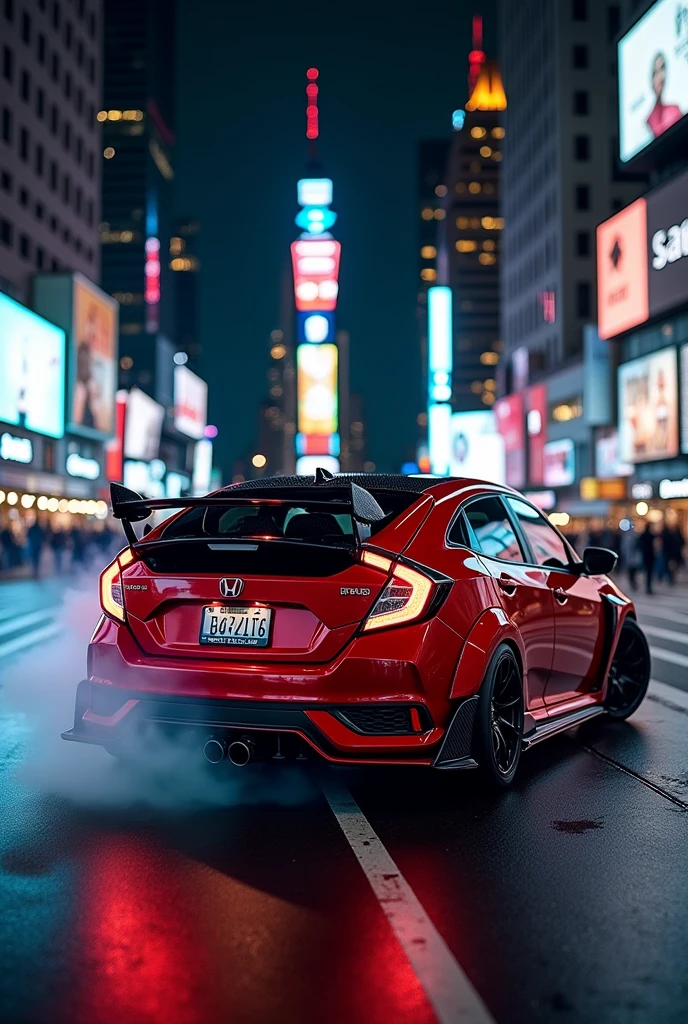 (photorealism:1.2), the civicferio type(glossy red)(mugen modified), (random angle view) at nights in newyork city, very detailed carbon parts, smokes near the tire just like drifting, car lights is on.