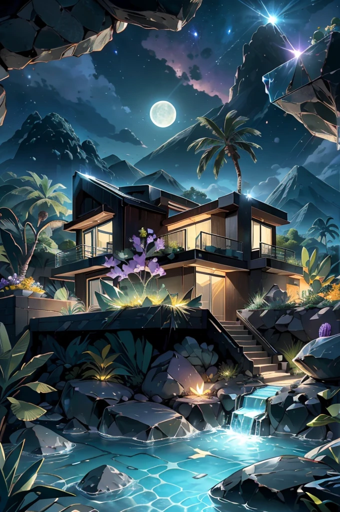small and beautiful modern house in top of big boulders, terraces, pool, stairs, multiple cacti gardens, palms, trees, rocks, beautiful landscape design, mountains and volcano y background, amazing clouds, sun, moon, planets, milky way galaxy, concrete, wood, glass and steel materials, olive green, violet, orange and withe colors in facade