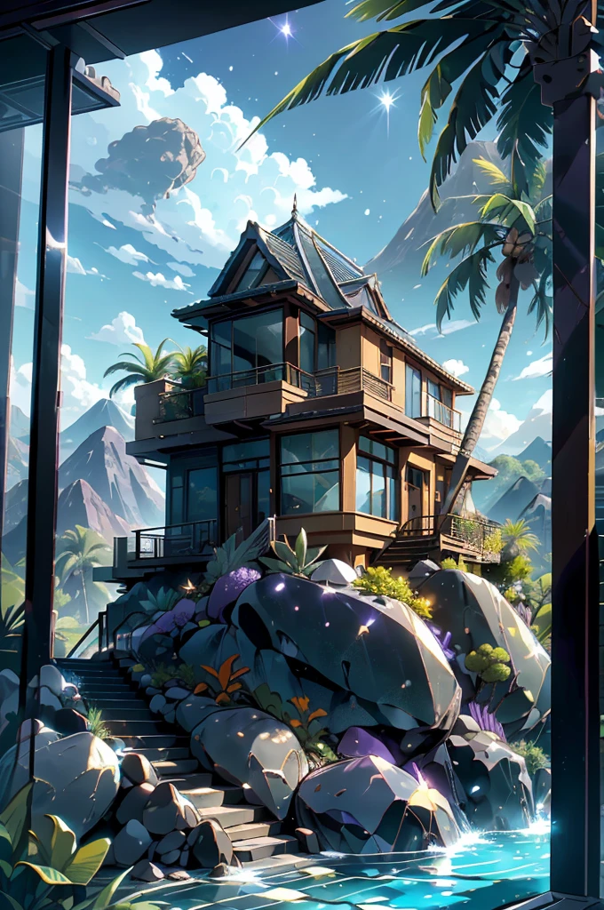 small and beautiful modern house in top of big boulders, terraces, pool, stairs, multiple cacti gardens, palms, trees, rocks, beautiful landscape design, mountains and volcano y background, amazing clouds, sun, moon, planets, milky way galaxy, concrete, wood, glass and steel materials, olive green, violet, orange and withe colors in facade