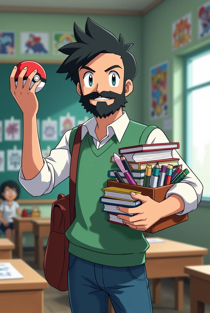 pokemon anime Style, Short black hair teacher with full beard and mustache, right hand lifting and holding a pokeball. Left hand holding books and a bag on the right leg with school supplies, School