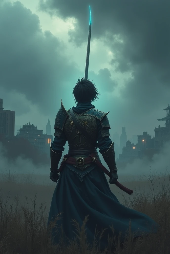 Descriptive Art: Hiro is in a dynamic pose, with his sword raised and his gaze focused on the horizon. The background features a landscape of a city on the edge of a devastated field, with heavy clouds and a gloomy aura that highlights the atmosphere of desolation. The runes on his armor are visible and glow with a faint light., contrasting with the surrounding darkness.