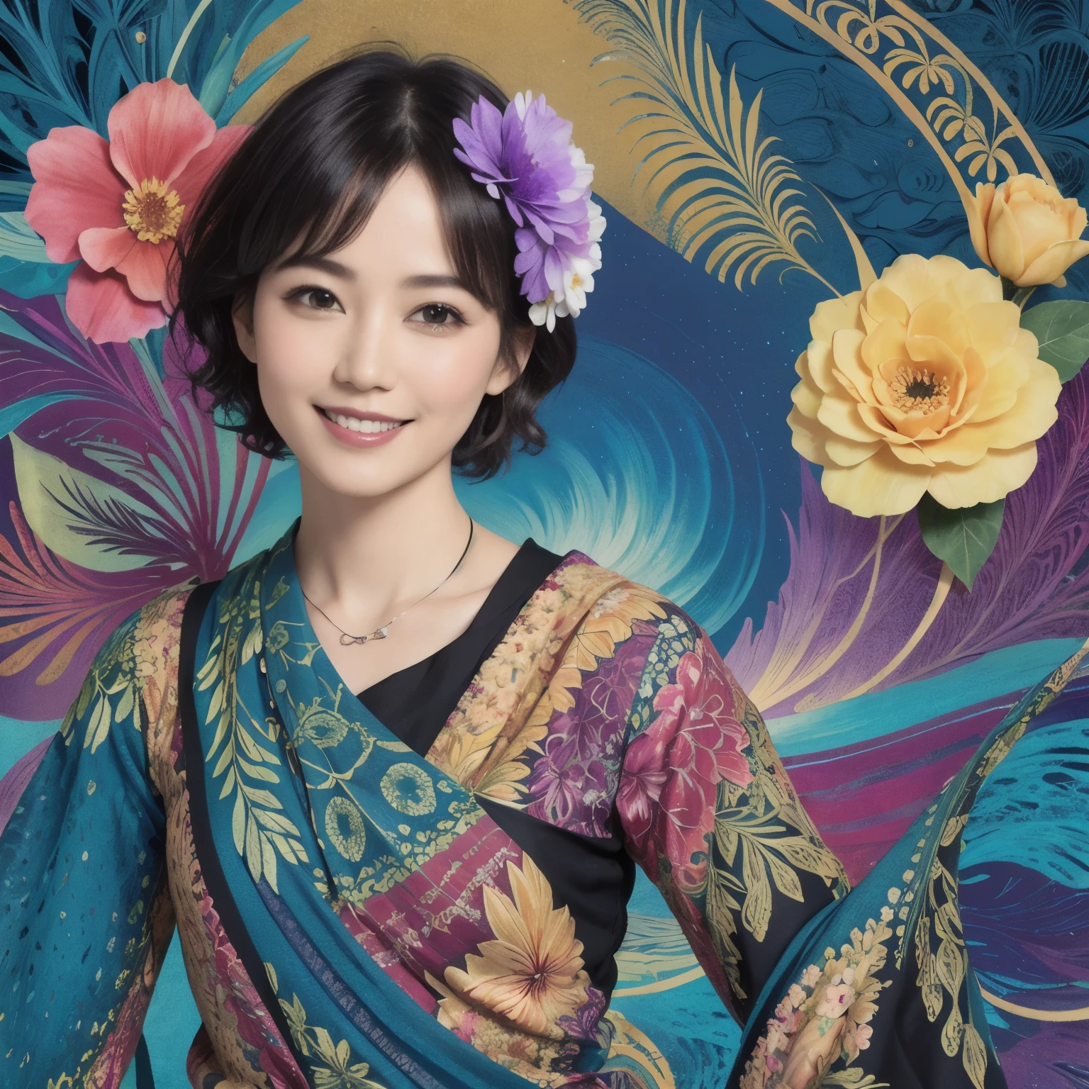 273 (20-year-old woman,short hair), (beautiful:1.2), (Fractal Art:1.1), (flower:1.3), whole body, (Abstract background:1.3), (Many colors:1.4), (Old-fashioned smile), (Hawaii), (Wave:1.1)