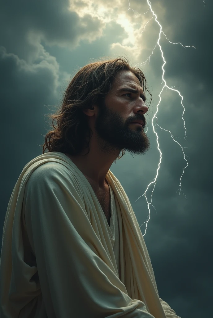 Jesus Christ crying with a dark sky background