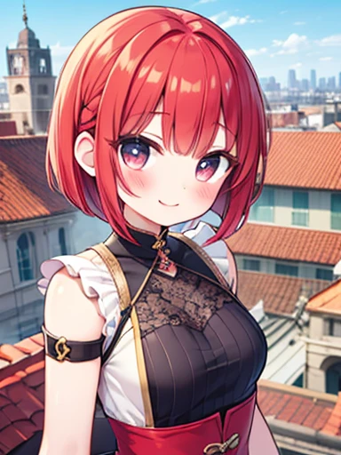 Cute and beautiful,Cute round face,Cute Smile,Blushing,Red lips,Red hair medium bob,Voluminous fishtail braid、Small breasts、hairpin,hair ornaments,Detailed clothing features,Detailed hair features、Being on the roof of a building