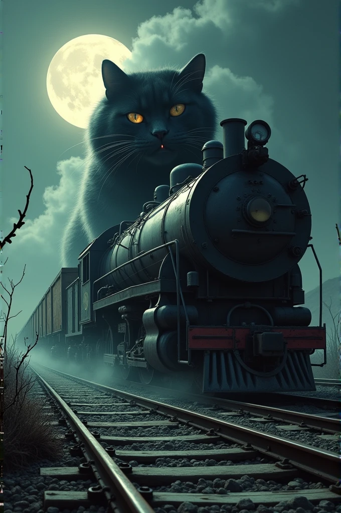 A big black cat devours a train