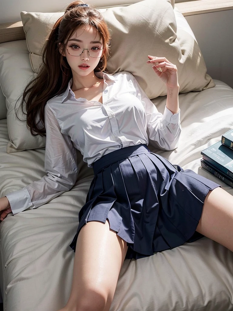One Japan , Cute Girls, , (school uniform), (White shirt), (Navy blue pleated skirt), miniskirt, (red neck tie), Facing the camera, perfection female form, perfection face, Glossy pink lips, Expressive eyes, eye shadow, eyeliner, (Huge natural breasts:1.3), (Narrow waist), light brown hair, (ponytail), expressive hair, (over-rim glasses), mole under eye, eyeball, (looking at viewer, embarrassed:1.6, ashamed:1.45, sleeping:1.2, close eyes:1.24, upturned eyes, flustered, open mouth), bedroom, (from above lying on her back:1.5, (head on a pillow:1.2), (spread open legs), black stockings, cameltoe:0.8, full body), UHD, masterpiece, accurate, anatomically correct, textured skin, super detail, high details, high quality, best quality,