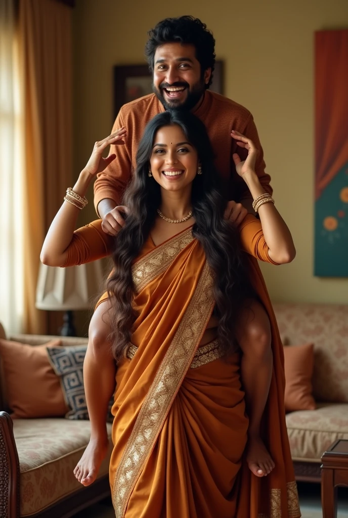 Create a realistic photograph of a smiling and beautiful indian actress in brown silk saree carrying a large chubby man on her shoulders in a room, man is sitting on top of her shoulders , man on top, woman at bottom 