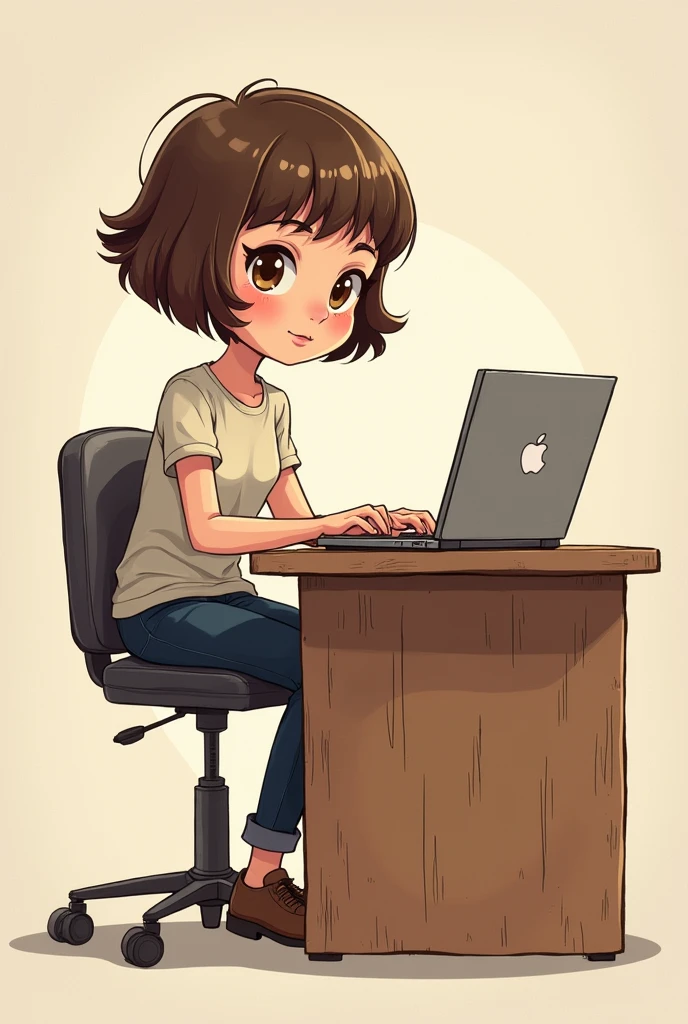 art mignon, art simple , femme, cheveux brun très court, un ordinateur sur un bureau, dessin