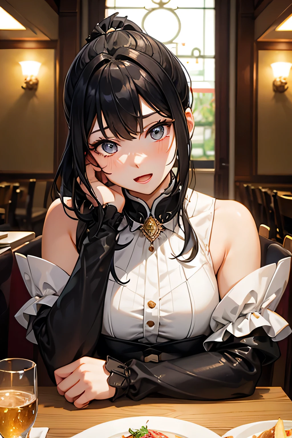 A short ponytail、Girl in formal dress lying on table in restaurant, Clear eyes, Perfect body, (Looking down at the audience:0.8), (Pure face_v1:0.2), Separate sleeves, open mouth, Bangs, 1 Girl, Glowing skin, (masterpiece;1.0), (Reality:1.4), (Clear focus:1.2),