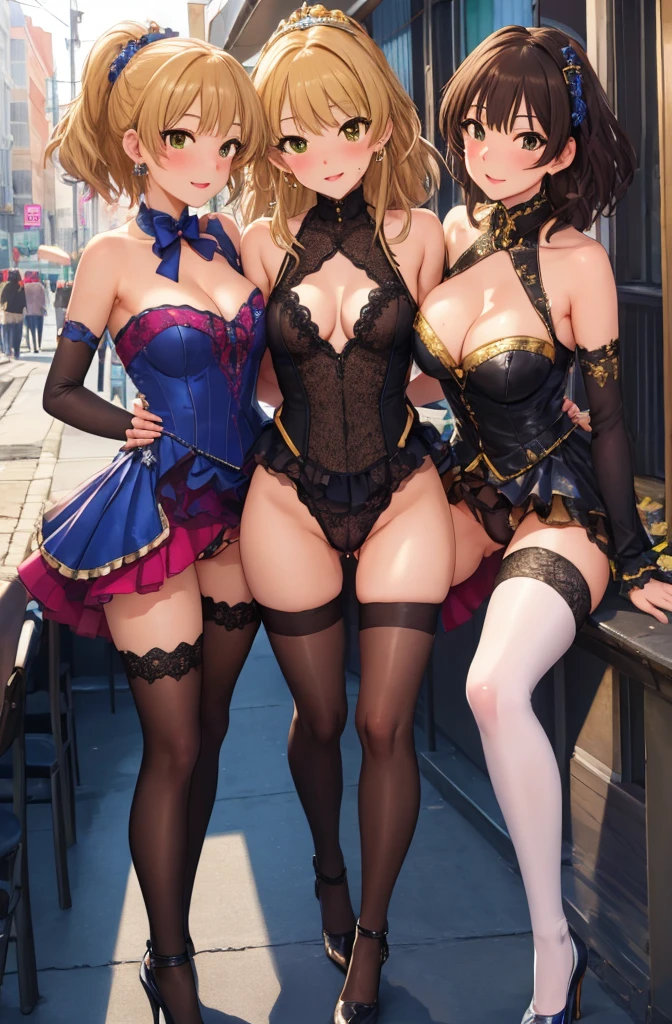 3 Sisters, Absurd、Very detailed, Glossy Lips, figure, Tabletop, blush deeply, City Street, Cleavage, (Idolmaster Cinderella Girls), Thigh-high socks, High heels, Are standing、Spray semen on the body、Lesbian、Embrace each other、your, spread legs pussy 、(((Detailed anatomy)))