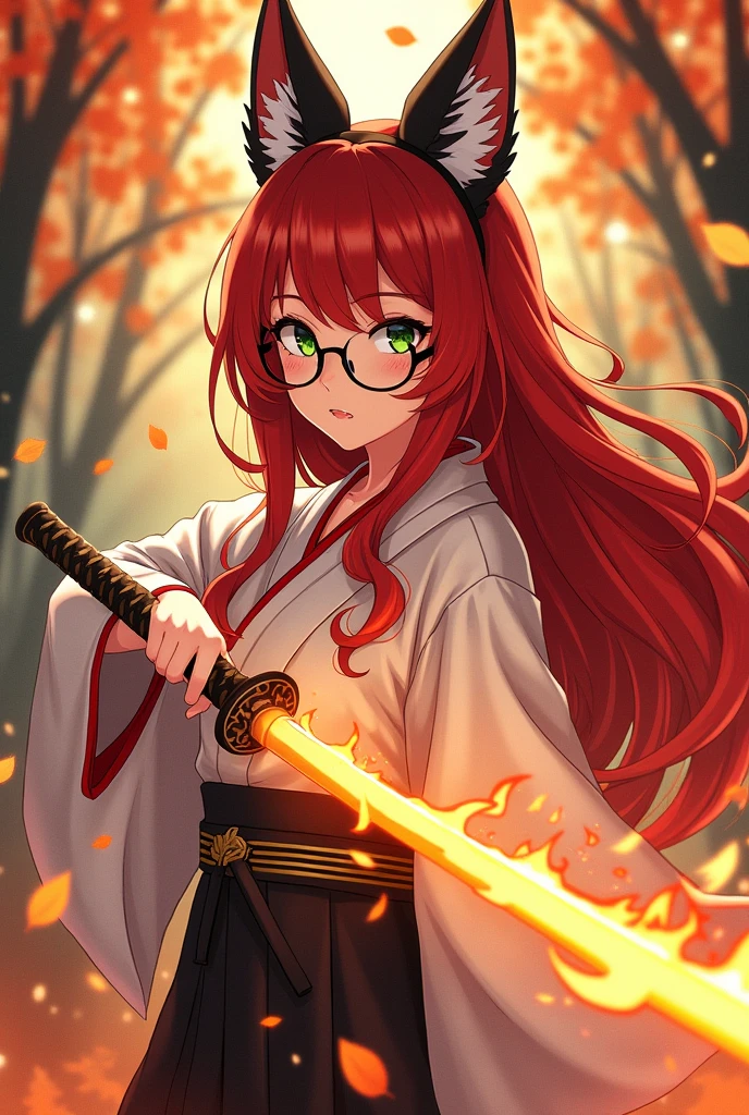 20 year old girl, black fox ears, Red hair, green eyes, wearing glasses, Carrying a katana on fire, wearing a white haori detailed with flames, anime style