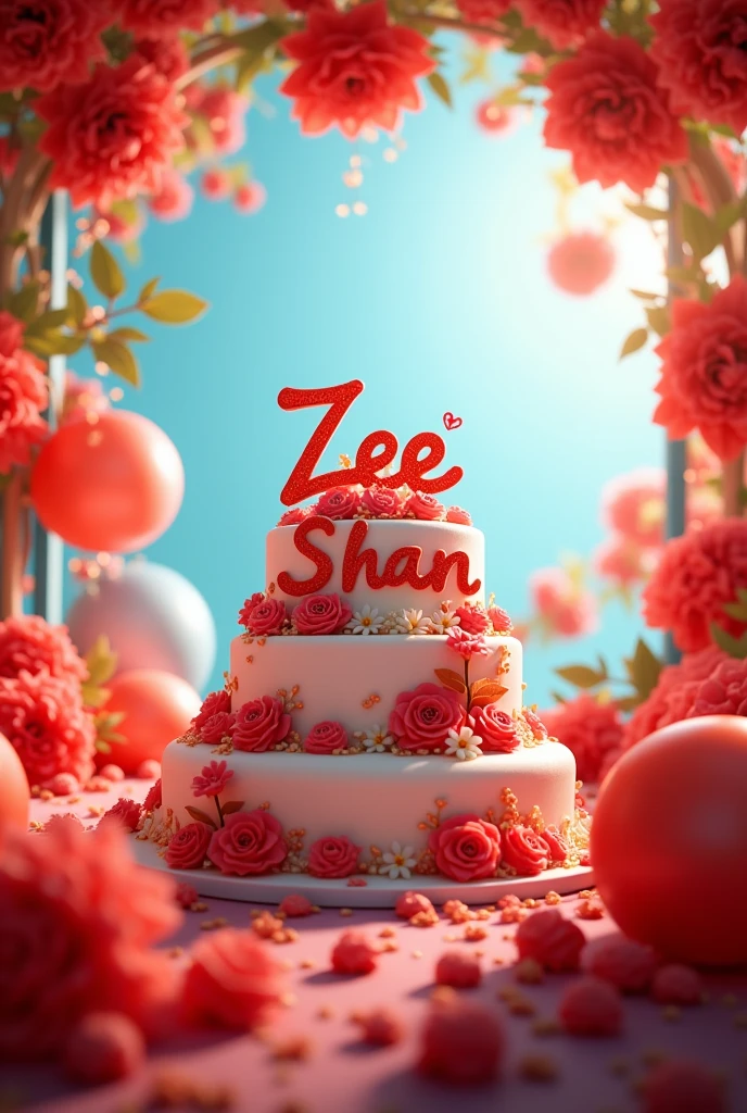 Beautiful birthday party wishes with ,red flowers and balloon's, and 3d cake with name Zee shan