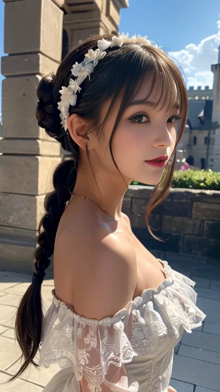 (((Gothic Fashion:1.3)),(((Lace off-the-shoulder dress))),(((Outfit with intricate lace detailing))),(Emphasize large breasts:1.3),(European castle background:1.3),(squat:1.3),Cute and beautiful,Cute round face,Cute Smile,Blushing,Bold Lipstick,(Silvery white hair,Floral knit headband,Half Up、Floral braided space buns,Voluminous fishtail braid,Twisted pan,),(The bangs are see-through),hairpin,hair ornaments,Detailed clothing features,Detailed hair features,Detailed facial features,(Dynamic Angle),(Dynamic and sexy pose),Professional Lighting,Cinematic Light,(Tabletop,Highest quality,Ultra-high resolution output images, Depth of written boundary,) ,(32k quality,Depth of written boundary,Anatomically correct facial structure,),(SeaArt 2 Mode:1.3),(Picture Mode Ultra HD,)