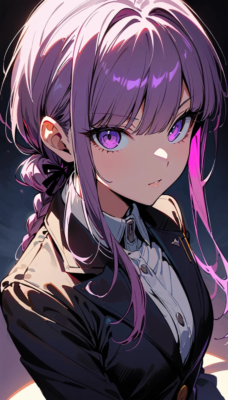 (Kirigiri Kyoko), portrait, (danganronpa), (masterpiece, best quality, ultra detailed), (looking at viewer), (pov, ), (cinematic lighting), blazer, stylish pose, sexy, romantic, upturned eyes, from above, 