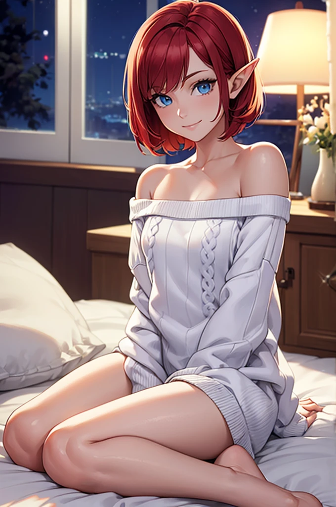 Masterpiece, best quality, high resolution, ultra detailed, slight smile, female elf, short red hair, light blue eyes, a beautiful girl looking at the camera, Frontal view, ((off-the-shoulder white sweater,)) bare legs, night, warm interior bedroom, image illuminated by a small lamp, depth of field, (half body: 0.6),
