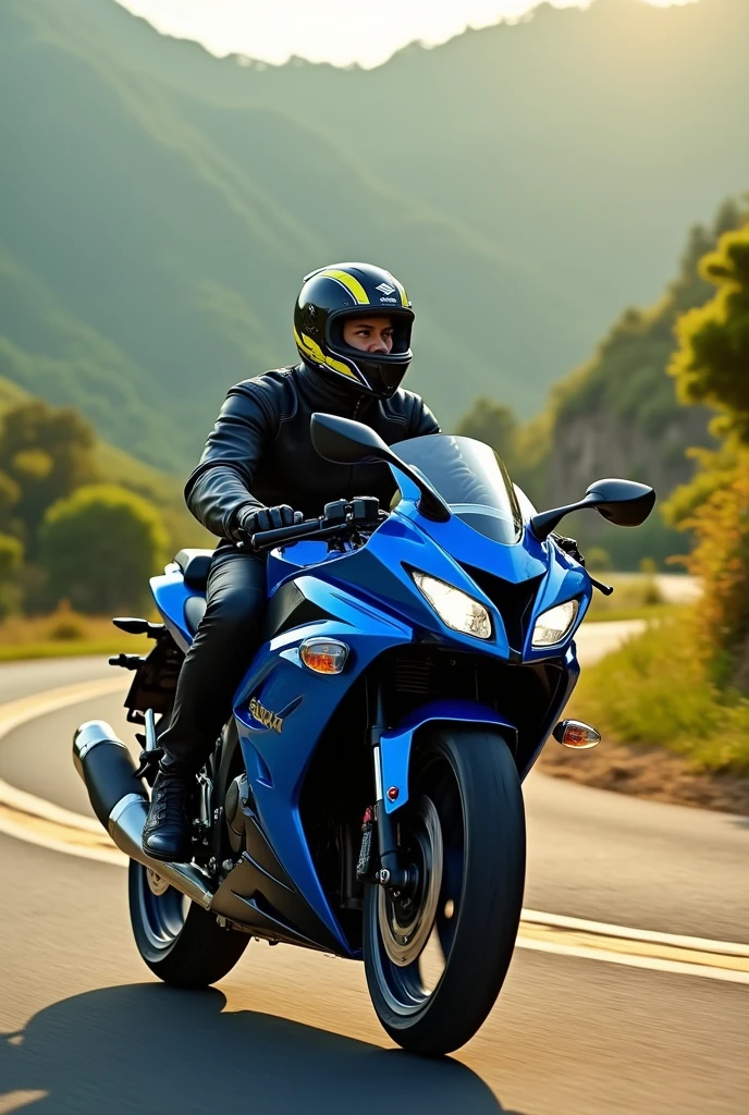 Suzuki Gixxer motorcycle in blue with pilot looking back