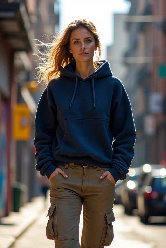 Woman using cargo pants and fleece pullover