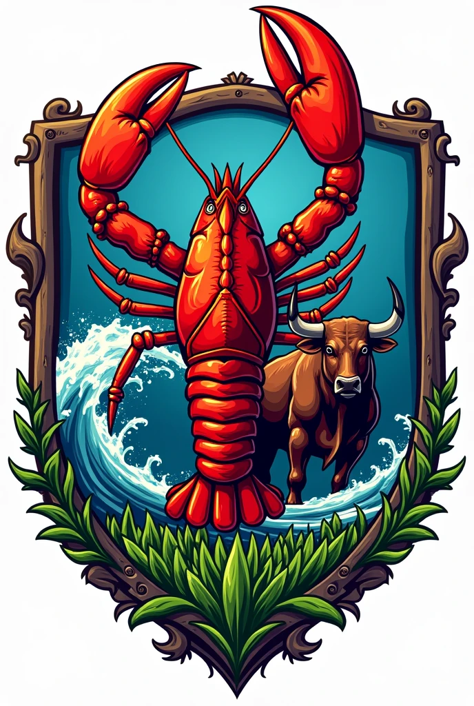 Surf and Turf football crest with symbols of a lobster and a bull 