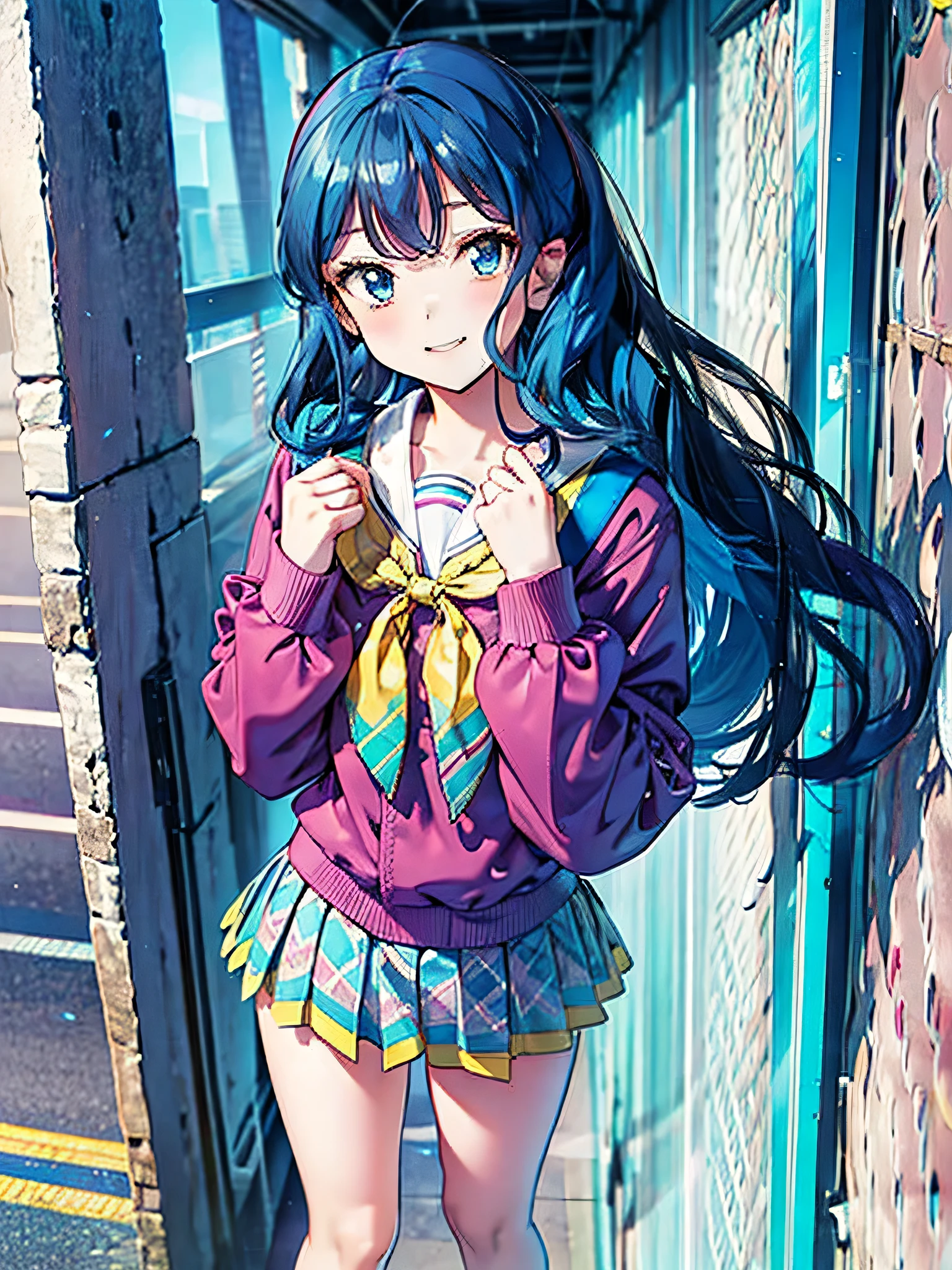 aikatsu,side_Ponytail,Blue HAIR,(nsfw:0.7),realism, (realistic:0.85), illustration, (old city:1.1), flasher, public indecency,  💫👧💖 is (standing:1.3) and wearing [harajuku school uniform:(kawaii pattern on clothes:1):(accessories on clothes:1.5):0.3], (cute accessories on multilayered hair:1.3), long sleeves, seductive grin smug, small breast, skirt, fishnet pantyhose, (revealing clothes:1.2), (colorful micro bikini:1.1), (forward pelvic:1.3), spread legs, hands behind head, fisheye