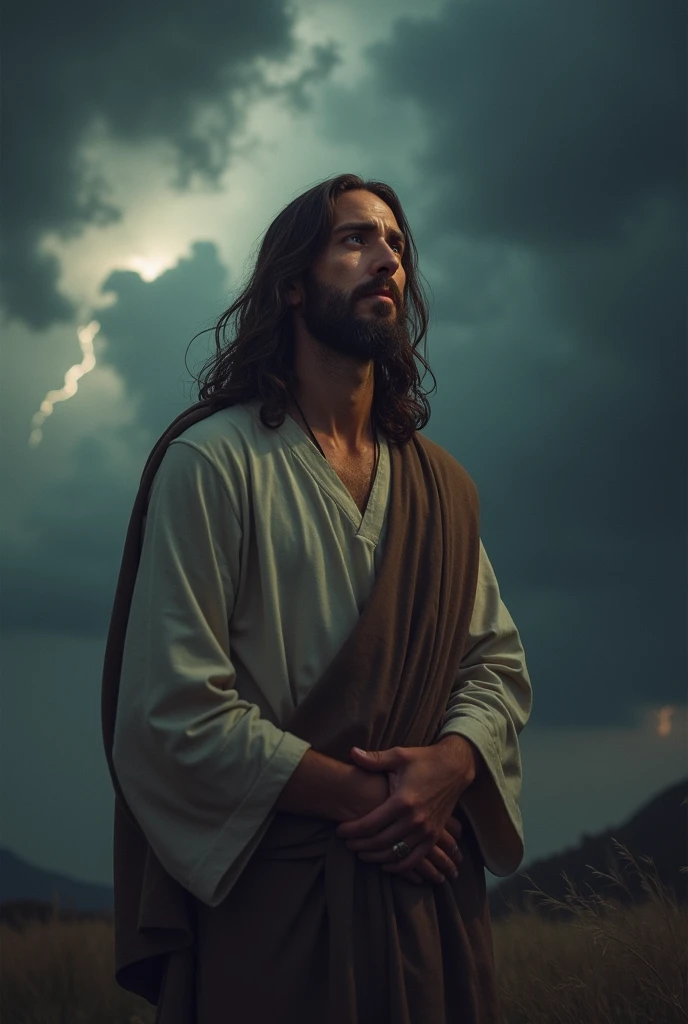 Jesus Christ crying with a dark sky background