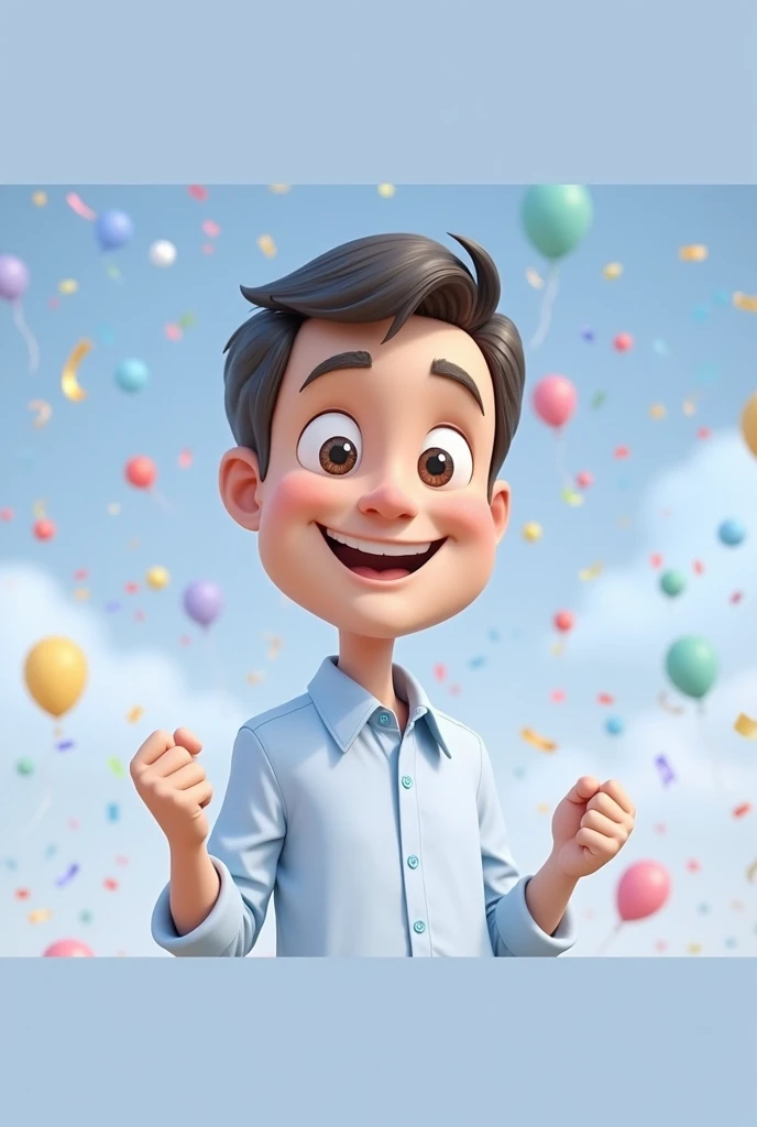 Cartoon character of a man blue shirt, 45 years old adult, an animated character, stylized character, animation style rendering, 3d stylized, wide smile, arms raised in victory, expression of joy and fulfillment