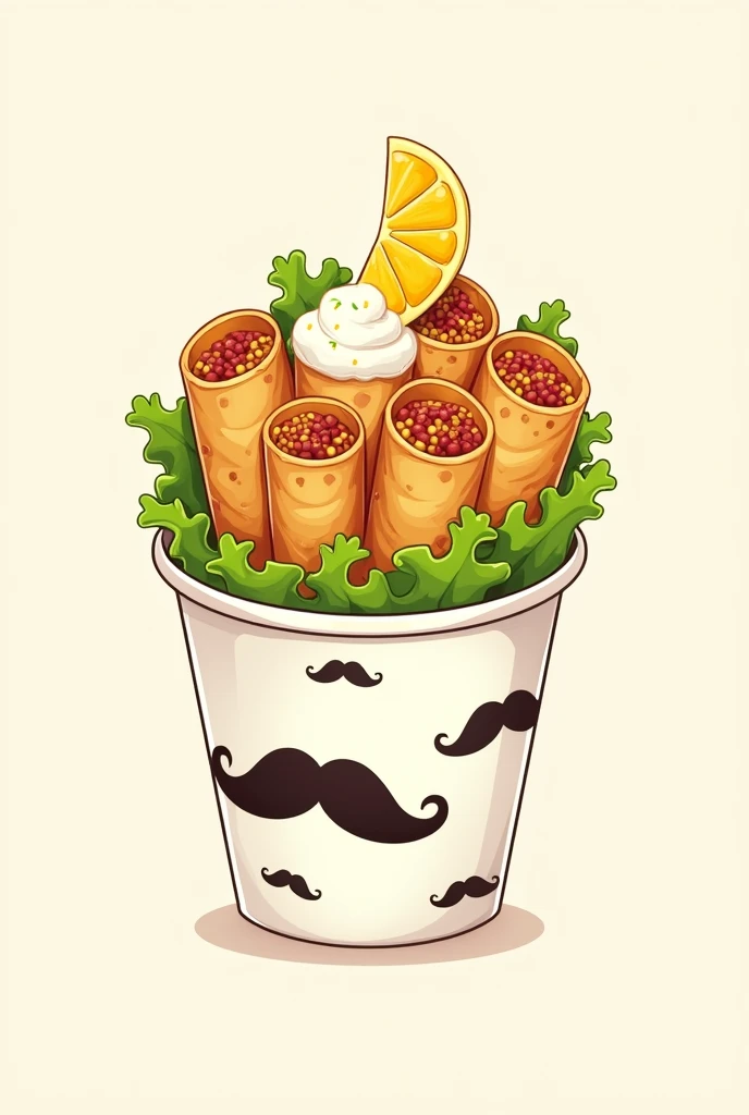 Make me a picture of tacos dorados or Mexican flautas, without the filling being visible, only the rolled tortilla, The flutes must be in a white paper cup placed side by side vertically.. The flutes should have lettuce in small pieces, cheese and cream and a slice of lemon.I want the same glass where the flutes are to have a mustache, without eyes or face.
I want this illustration in a cartoon-type illustration., for a logo.