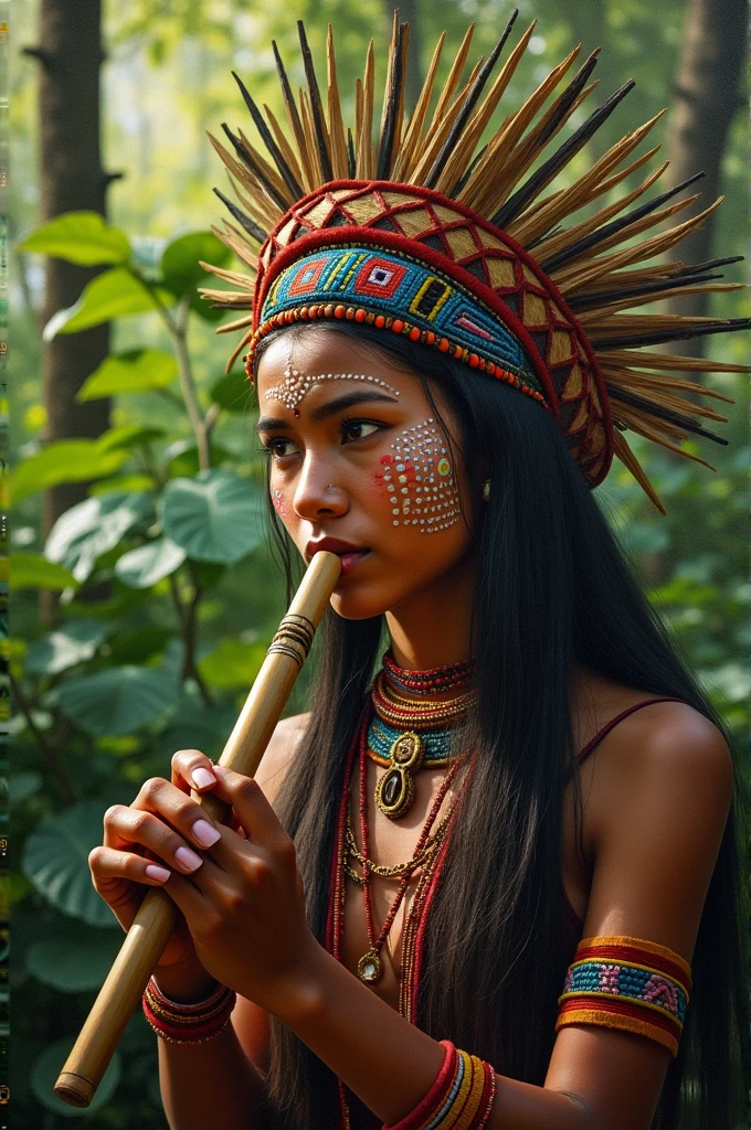 A photorealistic painting of a Garo tribal woman with intricate facial tattoos, wearing a traditional headgear, and holding a bamboo flute, in a lush green forest.