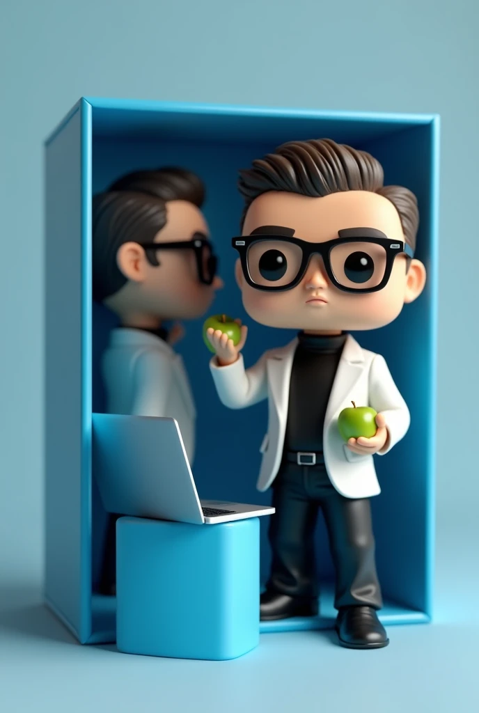 Create a Funko pop of a man with short hair on the sides, black frame glasses, black long sleeve high neck shirt and a white blazer, black pants and a green apple and a laptop. The Funko must be presented inside and outside a blue box. "limited edition. The box must allow viewing of the Funko, Typography, The rendering must be in 3D with a photography studio background