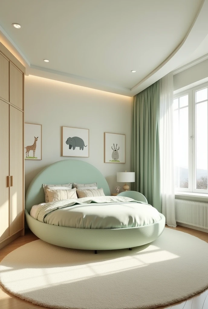 Professional 3d architecture rendering design of modern and   light moss and  so light Thunder and light cream and wooden   Modern and minimal  design for chid  bedroom  and light  cream   carpet  with animals painting and white painting wall and light wooden closet with animals painting and modern ceiling lighting and modern curtains for chid room and the child  large bed similar globe and safety chair for chid 