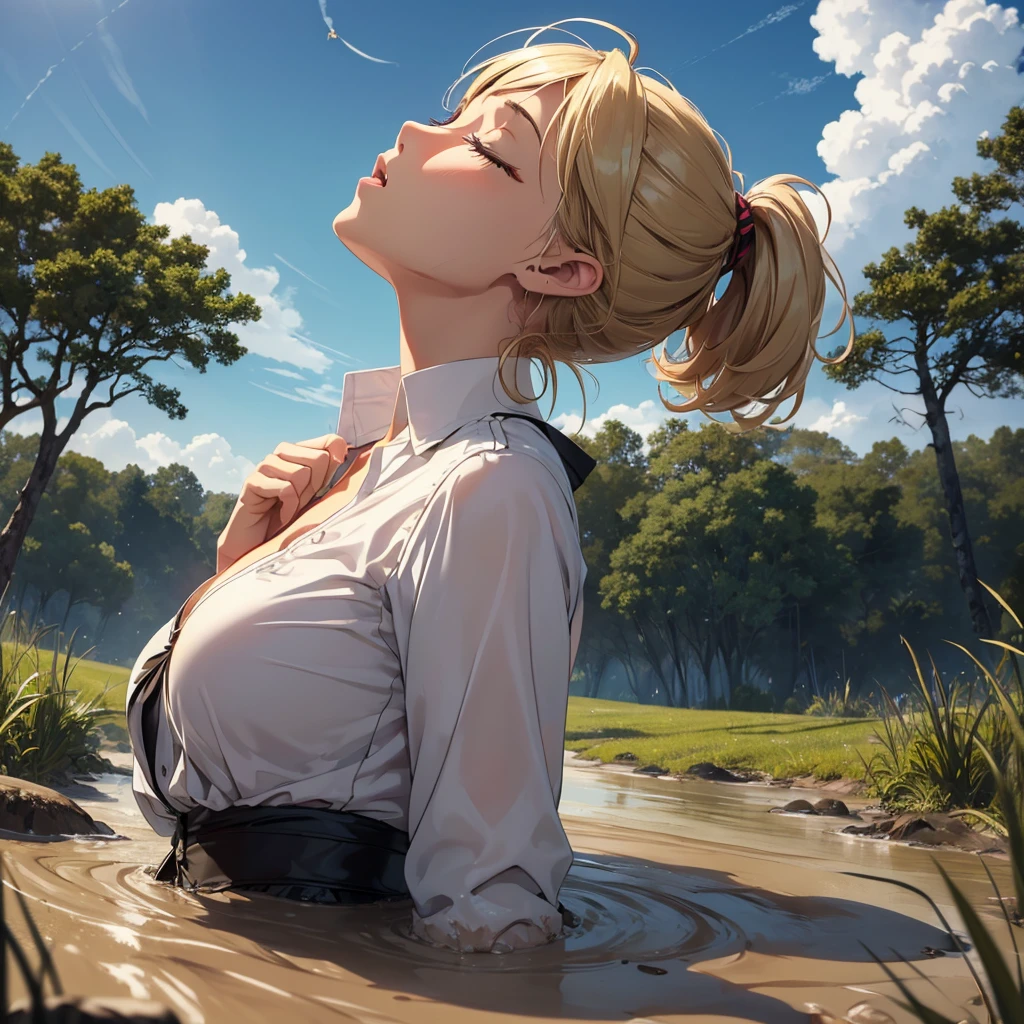 1girl, solo:1.5, masterpiece, best quality, high res, highly detailed, (illustration), beautiful detailed eyes, yuigahama yui, blonde hair ponytail, glossy lips, light makeup, orgasm, (looking up to the sky:1.5), (mouth open:1.2), intimate moment, school shirt, cleavage, (quicksand:1.4), (from side:1.4), bog, swamp, grass, trees, (eyes closed:1.3), gasping expression,