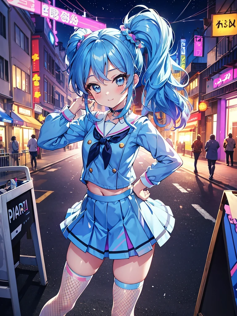 aikatsu,side_Ponytail,Blue HAIR,(nsfw:0.7),realism, (realistic:0.85), illustration, (old city:1.1), flasher, public indecency,  💫👧💖 is (standing:1.3) and wearing [harajuku school uniform:(kawaii pattern on clothes:1):(accessories on clothes:1.5):0.3], (cute accessories on multilayered hair:1.3), long sleeves, seductive grin smug, small breast, skirt, fishnet pantyhose, (revealing clothes:1.2), (colorful micro bikini:1.1), (forward pelvic:1.3), spread legs, hands behind head, fisheye