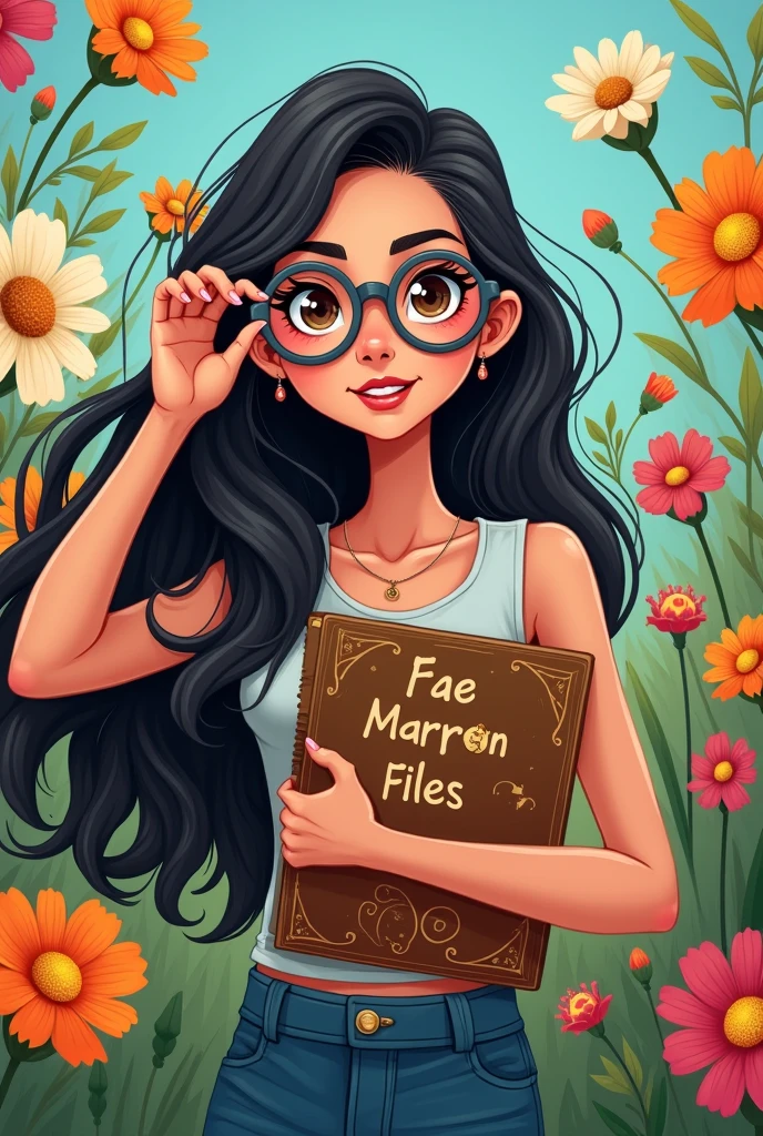 A girl with long dark hair, grey glasses, cool skintone, dark eyes hold a brown file and the file has 'Fae Marron Files' on it. Make it cartoonish theme