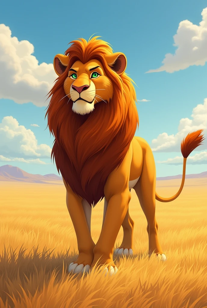 2. Leo the lion (thin lion):
    - Slim and agile, with a shiny golden mane.
    - Green and piercing eyes, with a brave expression.
    - It has a long, hairy tail.
    - It is fast and agile, and he loves to run through the savannah.
    - He is the leader of the group and is always ready for an adventure..
