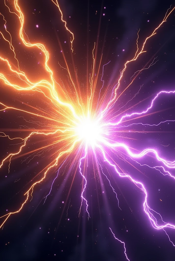 ((Best Quality)), ((masterpiece)), ((detailed)), ((High Definition)), An aura of sharp, golden-colored magical light flashes, crashing into ,a sharp purple electric aura. With a black background. in anime style. They collide violently, colliding with each other