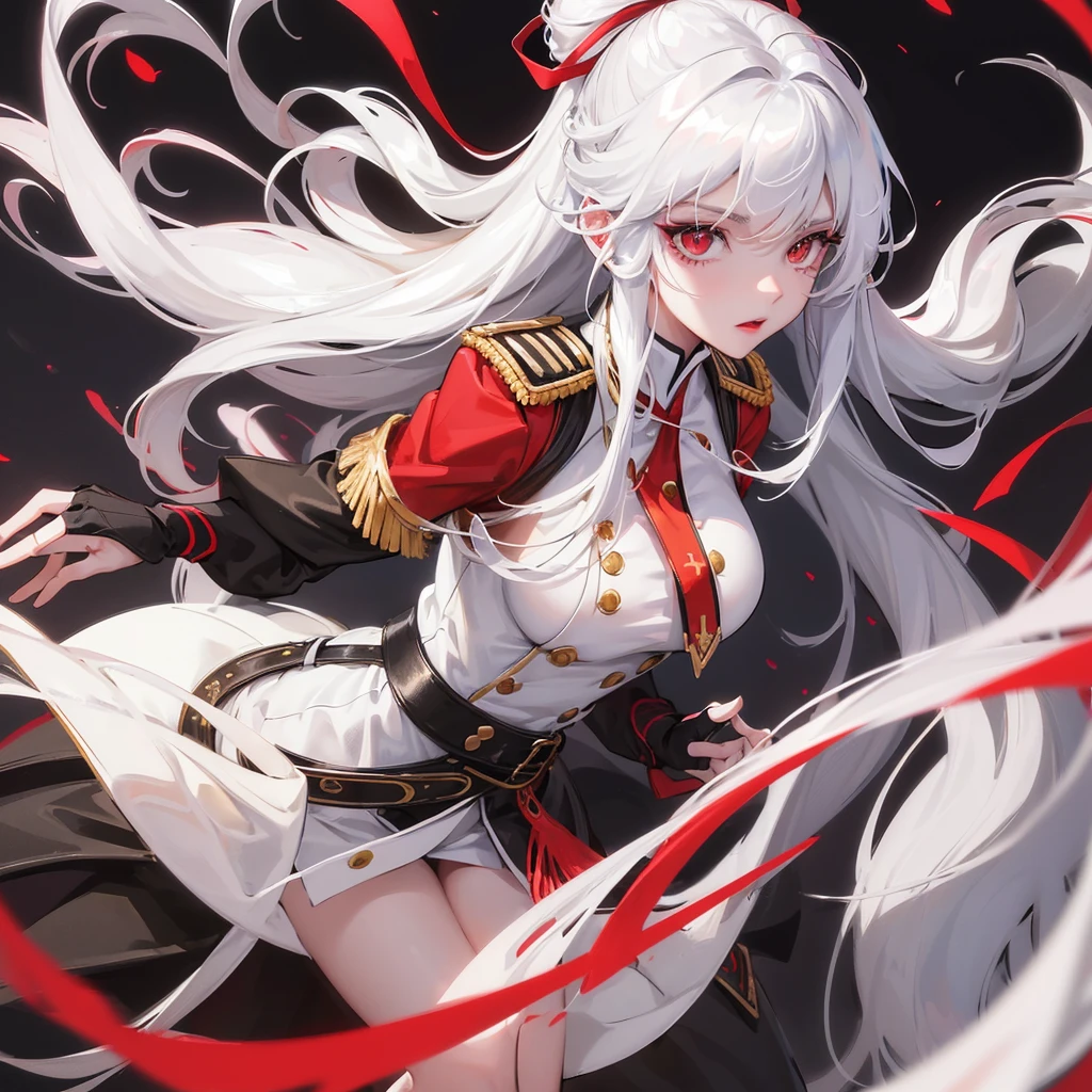 Beautiful Chiss lady, White hair, length hair,Breast size, black red uniform, rock, Lead the Belt, friendly look, good quality, light background, discreet rank insignia, V-neck, erotic, red ribbons in hair, 4K, red eye,