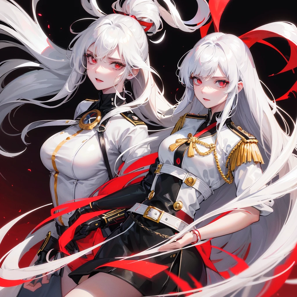 Beautiful Chiss lady, White hair, length hair,Breast size, black red uniform, rock, Lead the Belt, friendly look, good quality, light background, discreet rank insignia, V-neck, erotic, red ribbons in hair, 4K, red eye,