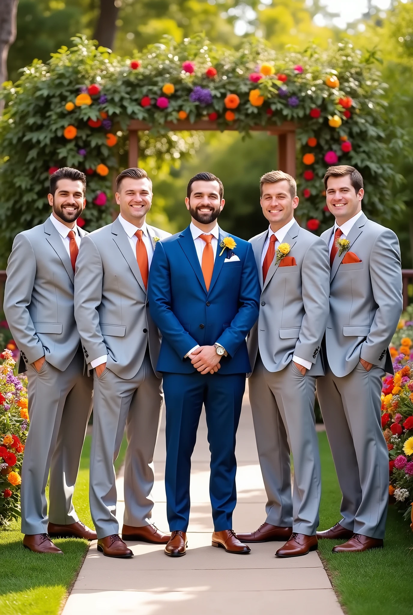 6 groomsmen in light gray suits and terracotta-colored ties and the groom in blue suit in the middle