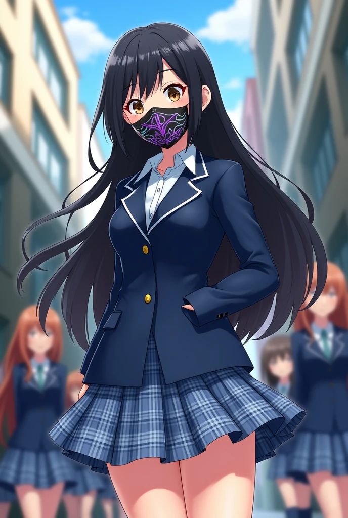 Black-haired Japanese high school girl。
The uniform is a blazer and the top is navy blue, giving it a realistic, photo-like feel.。
The skirt is light blue and navy checkered.。
The length of the skirt is a little short. The length of the hair is long enough to reach the waist. The bangs are long enough to cover the eyebrows. The composition is such that everyone's faces can be seen. She is wearing a mask with an interesting design.。
3D illustration