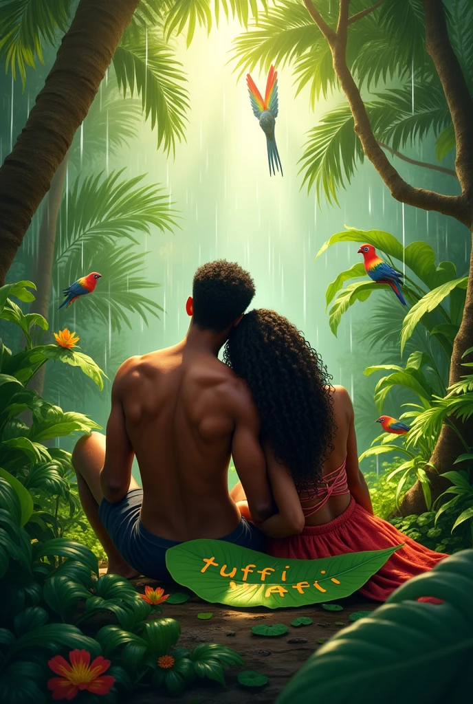 create a brown skin man and a woman sitting in the middle of the rain forest and the woman put her head on the man shoulder and the vain of the tropical forest wRote TUFFii And WAFFii