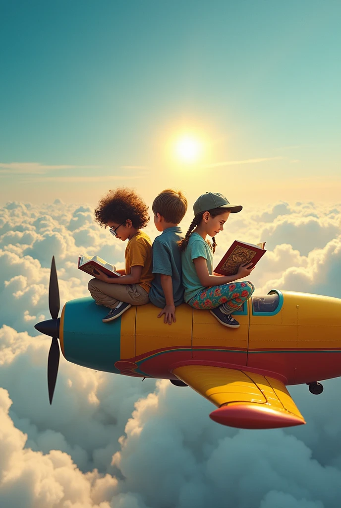 Three children sat back to back reading stories on the roof of the plane