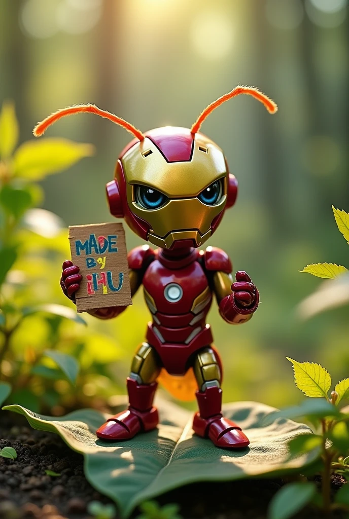 An ant which is wearing an ironman suit. Ant showing a poster. “Made by ihu” is written in the poster.