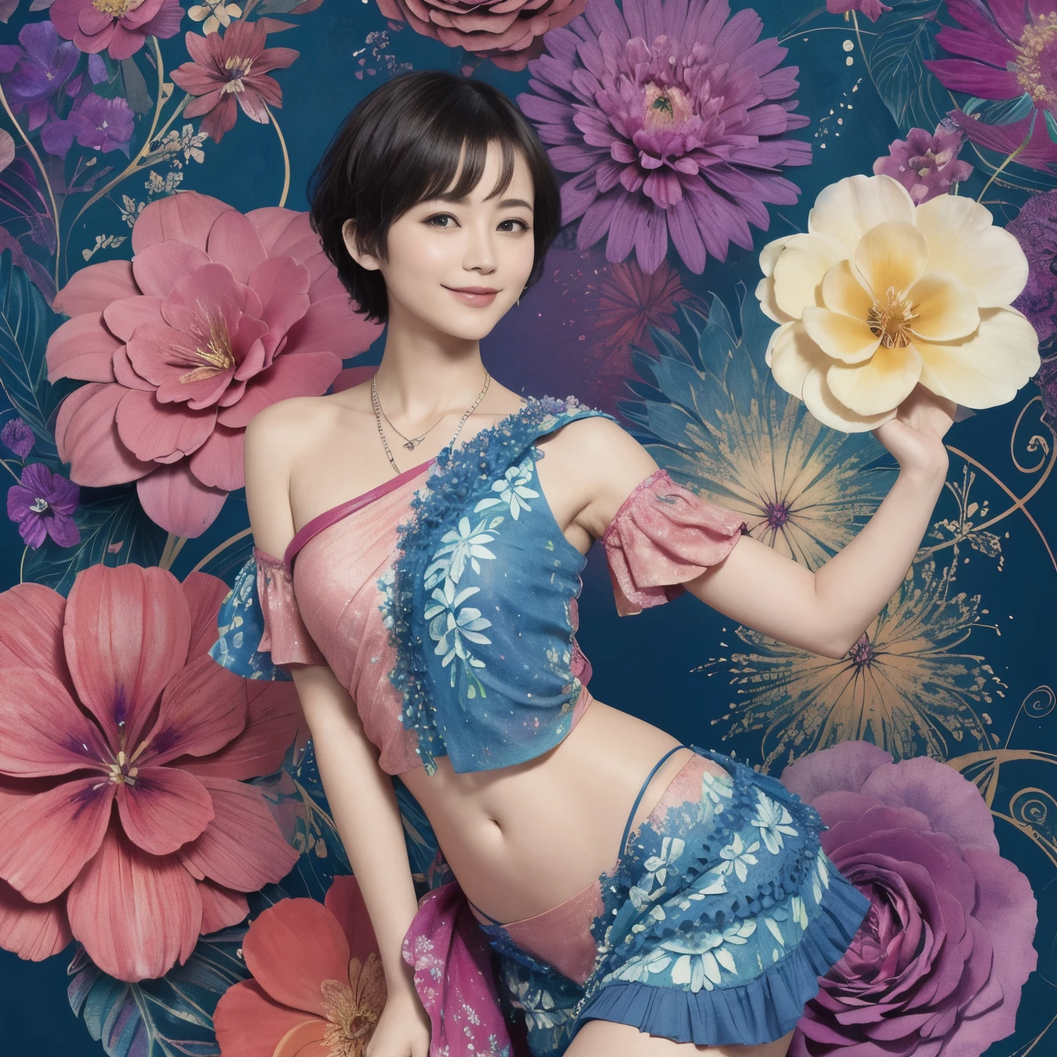 273 (20-year-old woman,short hair), (beautiful:1.2), (Fractal Art:1.1), (flower:1.3), whole body, (Abstract background:1.3), (Many colors:1.4), (Old-fashioned smile), (Hawaii), (Wave:1.1)