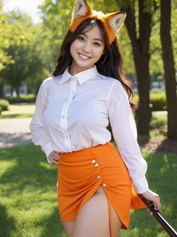 ((Highest quality, 8k)), ((masterpiece)), (Highest Resolution), Perfect Face, Fox Woman, Female college student, Beautiful woman, Outdoor, Only one tail, she has thick thighs, Her large tail, She has an orange fox tail, She wags her tail, Smiling with teeth showing, Fur collar, She's wearing a shirt and a short skirt., Plump Breasts, Beautiful Hips , A fox tail sticks out from the skirt.