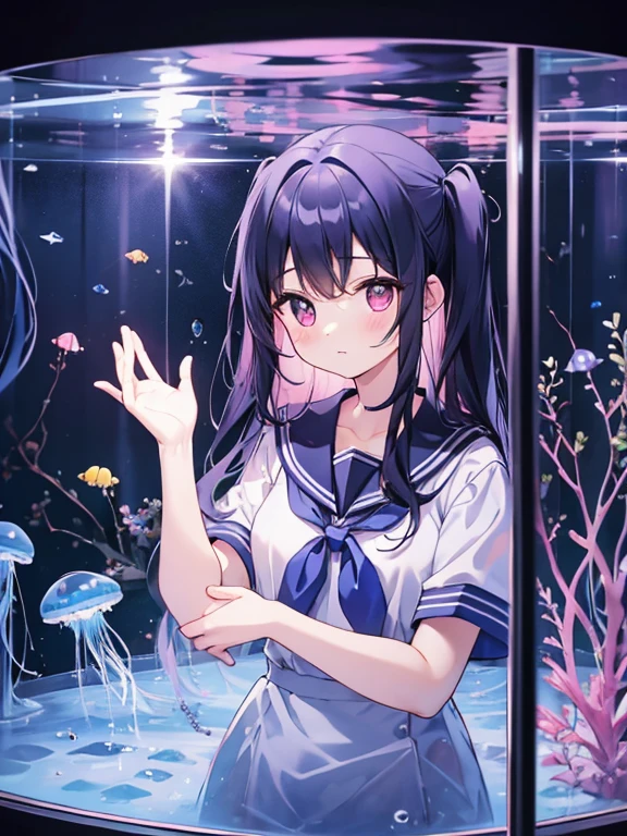 (masterpiece、intentional quality、Carefully drawn and detailed、Beautifully drawn eyes)、A large cylindrical tank is set up in the dark, spacious exhibition room of the aquarium.、Jellyfish are on display in the tank、There are many jellyfish swimming in the aquarium.、The jellyfish tank is lit up、Jellyfish are translucent and glow blue or purple.、Short twin-tails, black hair, baby face, droopy eyes, heterochromia, pink eyes、orange eye、A person with a very large bust and height of 145cm is wearing a summer sailor uniform and standing in front of a jellyfish tank.、He is staring at the jellyfish tank with his mouth slightly open and a blank look on his face.、Don&#39;t enter the tank