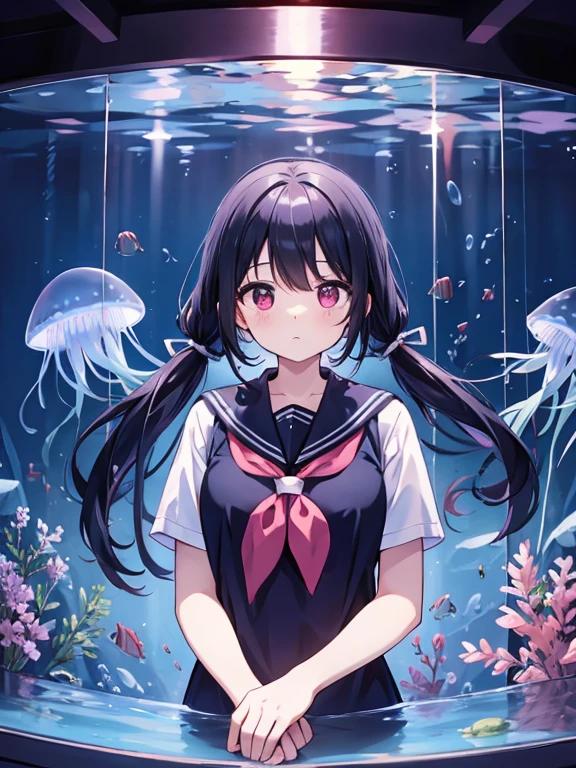 (masterpiece、intentional quality、Carefully drawn and detailed、Beautifully drawn eyes)、A large cylindrical tank is set up in the dark, spacious exhibition room of the aquarium.、Jellyfish are on display in the tank、There are many jellyfish swimming in the aquarium.、The jellyfish tank is lit up、Jellyfish are translucent and glow blue or purple.、Short twin-tails, black hair, , droopy eyes, heterochromia, pink eyes、orange eye、A person with a very large bust and height of 145cm is wearing a summer sailor uniform and standing in front of a jellyfish tank.、He is staring at the jellyfish tank with his mouth slightly open and a blank look on his face.、Don't enter the tank