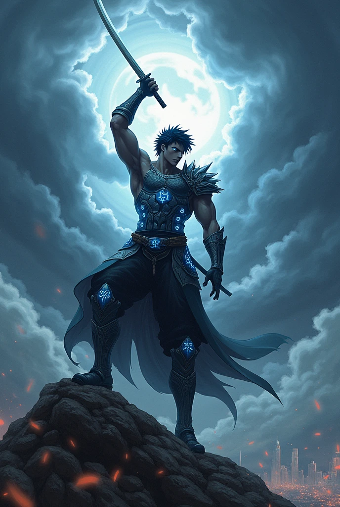 Descriptive Art: Hiro is in a dynamic pose, with his sword raised and his gaze focused on the horizon. The background features a landscape of a city on the edge of a devastated field, with heavy clouds and a gloomy aura that highlights the atmosphere of desolation.
The runes on his armor are visible and glow with a faint light., contrasting with the surrounding darkness, make a sword more like ichigo from bleach