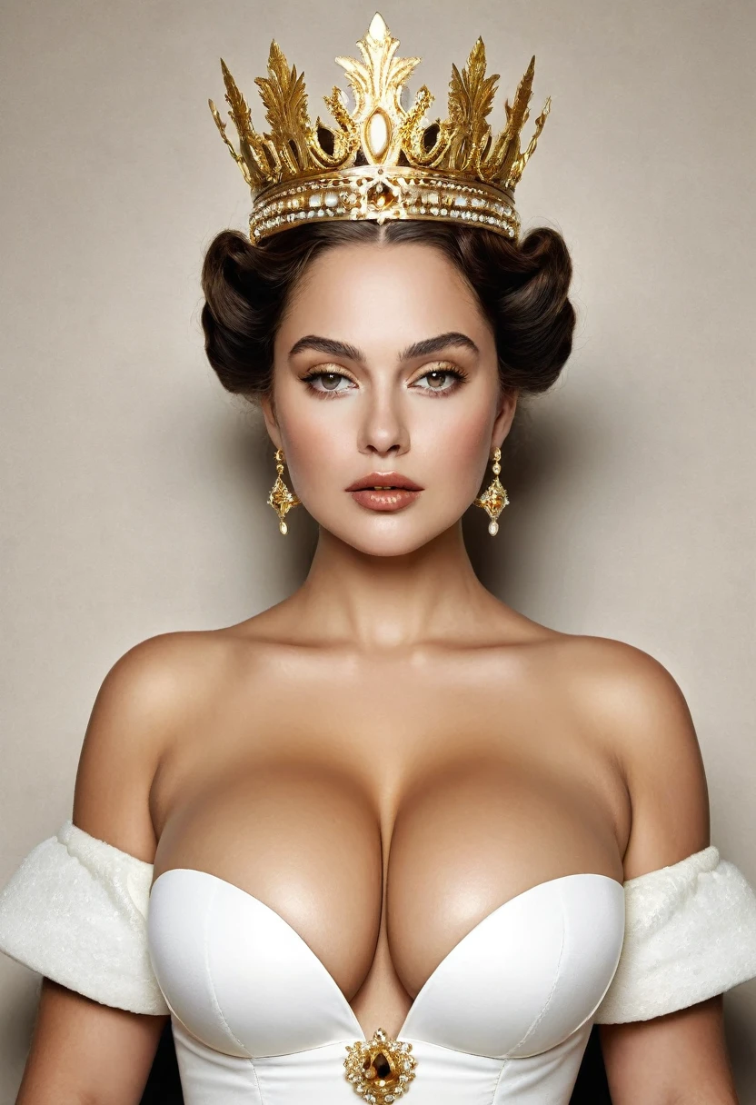 a royal queen wearing golden crown on her head wearing white dress with cleavage cutout showing large breasts