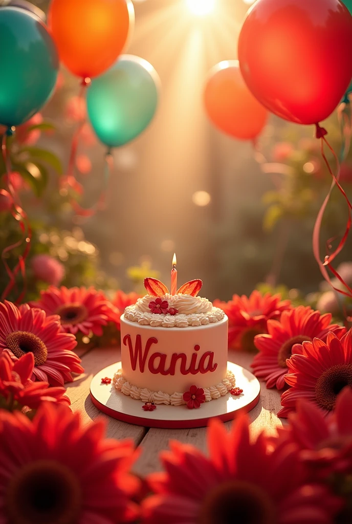 Beautiful birthday party wishes with ,red flowers and balloon's, and 3d cake with name wania
